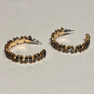 Gold Plated Black Cubic Zirconia Crystal Staggered Baguette Open Hoop Earrings